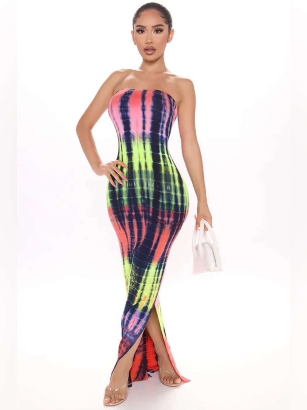 Strapless Neon Tie-Dye Bodycon Maxi Dress